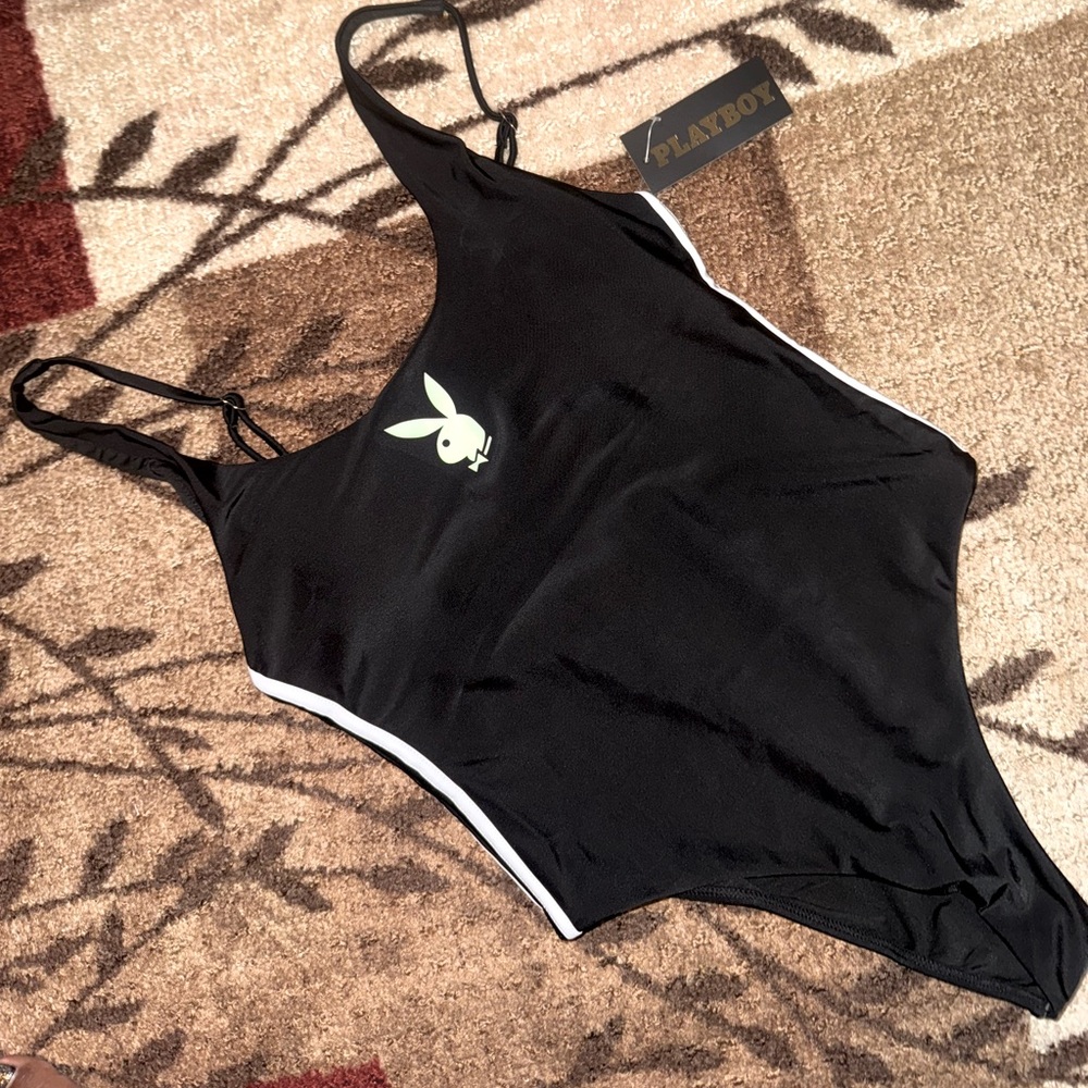 Playboy Black One-Piece Swimsuit w/ White Piping- Size Large NWT